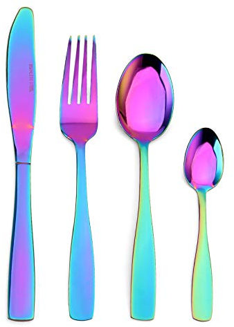 Sharecook Rainbow Cutlery Set, 32 Piece Stainless Steel Silverware Set with Knife and Fork Set, Mirror Finish Flatware Set Service for 8, Dishwasher Safe