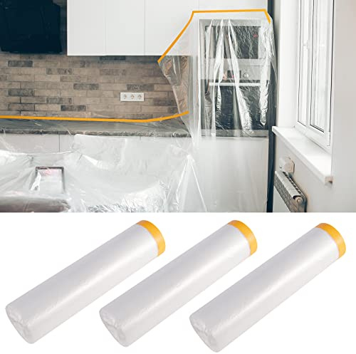 Hivexagon 3 Rollen Abdeckfolie Klebeband mit Folie 2M * 20M Transparent Abdeckfolie mit Gewebeklebeband Selbstklebende Malerfolie Malerband Goldband Masker Tape Malerkrepp zum Staubschutz