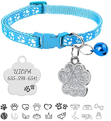 Uiopa Katzenhalsband, Hundemarke mit Gravur, Hundehalsband mit Name Katzenhalsband mit Glöckchen, Halsband Katze Katzen Halsbänder für Hauskatzen, Kleine Hund, Verstellbar 19-32cm (Himmelblau)