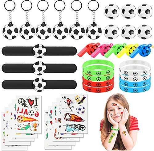 JOYUE 38 PCS Fussball Party Mitgebsel, Fußball Flummis, Fußballarmband, Schlüsselanhänger, Trillerpfeife, Schnapparmband, Tattoos, Pinata Füllung, Fußball Set for Kindergeburtstag Gastgeschenk
