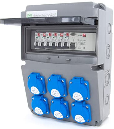 ELS Elektrotechnika Distributore da parete, 230 V, 16 A, con 6 prese Schuko, scatola di distribuzione a 11 poli, 1 fusibile FI 40 A – 30 mA. Distributore di corrente, 6 interruttori LS C16A