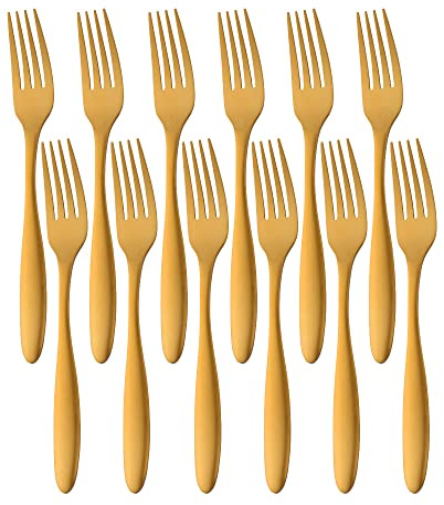 8.4 in/ 21.3cm Dinner Forks Set of 12, TUPMFG Stainless Steel Cutlery Table Forks, Matte Finish Fork Set Dishwasher Safe(Gold)