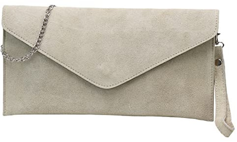 SH Leder Echtleder Clutch Umhängetasche kleine Tasche Abendtasche in Wildleder oder Metallic 31,5x16,5cm Palma G299 (Beige W.)