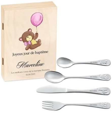 Maverton Set de couverts de table personnalisé dans boîte en bois imprimée - couvert bebe - Thème Animal - Cadeau bapteme fille - Pour filles - Cadeau bébé - Coutellerie gravée - NOUNOURS