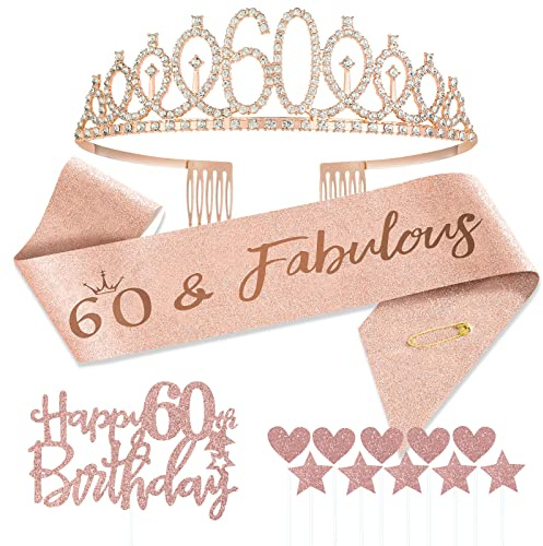 Jonvell 60.Geburtstag Schärpe und Tiara für Frauen,Roségold Geburtstag Schärpe und Krone 60. Geburtstag Frauen Geschenke für 60. Geburtstagsparty Deko