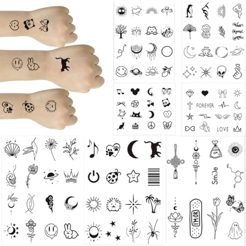 NIANOPKM Temporäre Tattoos-Sets,109 Stück Blatt Winzige Kleine Abnehmbare Tattoos,leines Gesicht,Bohemian,Fake-Tattoo-Aufkleber, Spitzen-Tribal-Tattoos,Lotus-Mond-Blumen-Mädchen-Tattoo,Schwarz