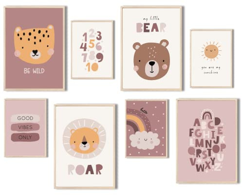 MeinBaby123 Poster Kinderzimmer 8er Set DIN A4 und A5 | Wandbilder Zahlen ABC | Süße Tiere V6 - Rosa