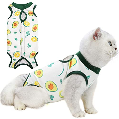 Cat Professional Surgery Recovery E-Collar Alternative, Cotton Breathable Sterilization Suit for Abdominal Wounds, Pajama for Kitten Anti-Biting Licking - Avocado/XL(11-14 lbs)