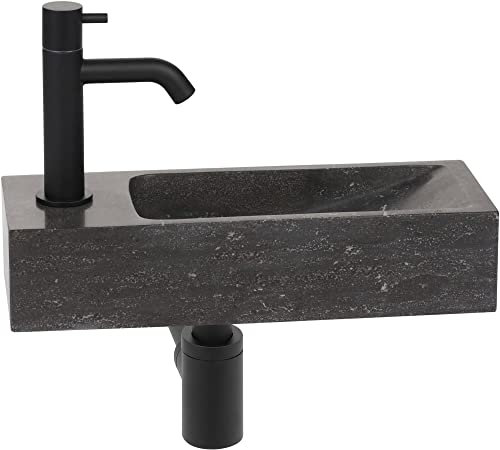 Saqu Nature Collection Waschtisch Set mit mattem schwarzen Hahn Links aus Naturstein - Waschbecken für Unterschrank, Waschtisch für Gäste WC