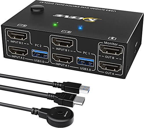 YOUTINGHDAV USB 3.0 HDMI KVM Switch 2 PC 2 Monitore, EDID Emulator, 4K@60Hz, HDMI 2.0, Dual Monitor KVM Switch 2 Monitore Teilen Kabellose Tastatur, Maus, Wired Remote und 4 Kabeln