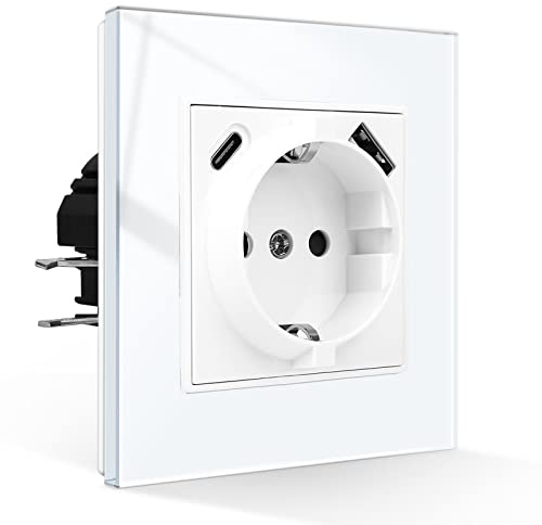 CNBINGO USB Steckdose Unterputz mit Krallen, 1x Typ AC, 1-Fach Weiß Glas | Schuko Einzelsteckdose mit USB-A und Typ-C, Max.2,1 Amp, Schutzkontakt Wandsteckdose mit Kindersicherung, Glasrahmen
