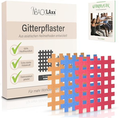 BACKLAXX® Gitterpflaster Set 40 Stk, Gittertape Akupunkturpflaster Typ c | 40 Crosstapes in der Größe c, 3 Farben | Cross Tape hautfreundlich & wasserabweisend, hält 7 Tage, eBook mit 60 Anwendungen