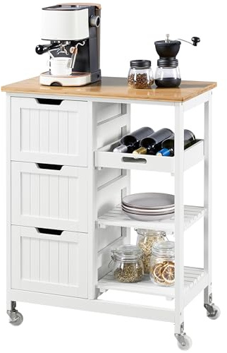 Yaheetech Desserte à roulettes avec 3 Tiroirs Étagères Plan de Travail Îlot Central en Bois Moderne Desserte de Cuisine Salon Balcon Bar Jardin 67×37×84,5cm Blanc
