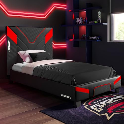 X-Rocker Cerberus MKII 3ft Single, Gaming Upholstered Bed Frame - Flat-pack for Easy Assembly, Breathable Comfort, Wooden Slats, Wipe-Clean Faux Leather for Kids & Teens - Carbon Red - 90x190cm