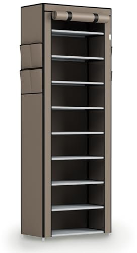 Juskys Schuhschrank M 9 Ebenen, Schuhregal geschlossen 25 Paar Schuhe, Stoff Bezug wasserabweisend, Schuhaufbewahrung Stoffschrank Stecksystem Hellbraun
