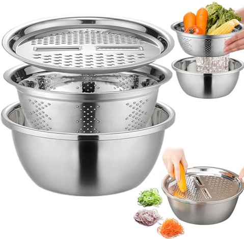 Set multifunzione in acciaio inox, , scolapasta, grattugia, colino, ciotola, insalata, tagliaverdure in acciaio inox, per triturare frutta e verdura