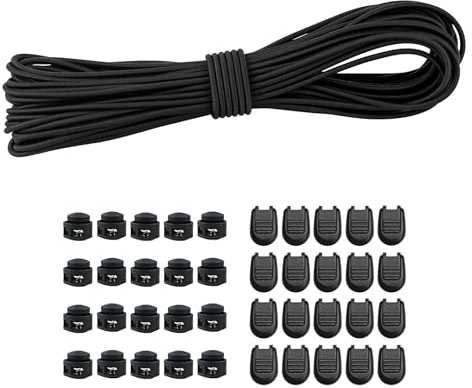 15M Black Elastic Cord,3mm Elastic String Bungee Cord Elastic Round Cord with 20 Pieces Zip Pull Cord Lock Cord, 20 Pieces Double Hole Spring for Sewing,Backpack,Shoelaces,DIY Projects (3mm*15M)