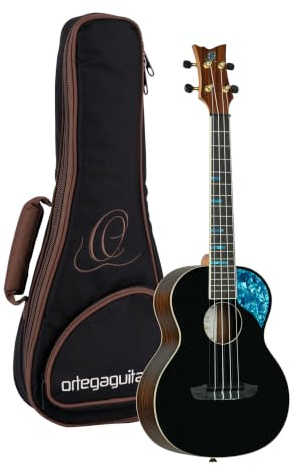 Ortega Guitars Ghost Series akustische Tenor-Ukulele - Fichte Schwarz | Nylonsaiten, massive Fichtendecke, Palisander-Korpus Hochglanz, blaue Perlmutt-Einlage, inkl. Pro-Gigbag, RUGH-BKT