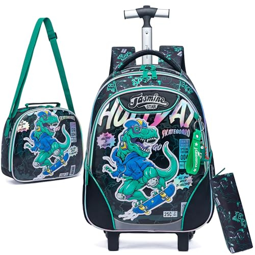 HTgroce Trolley Rucksack Kinder, Dinosaurier Kinder Trolley Schultasche mit Rollen Rucksack Schultrolley Rucksäcke Kinder Schulrucksack Schulranzen mit Rollen Reisetasche