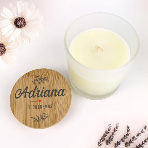 Transparent Gift Vela Personalizada con Nombre y Texto Ramas en Tapa. Para Familiares, Amigas o Pareja. Velas Aromáticas Decorativas Casa. Regalos Originales para Mujer. Regalos Personalizados