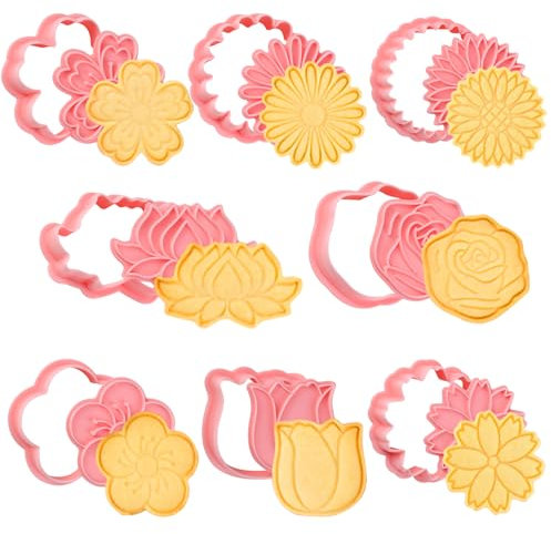 Bigqin 8PCS Flower Cookie Cutters Set 3D Cookie Mold Plastic Cookie Stampers with Cute Cartoon Shapes for Biscuit Fondant Snacks Cheese Baking