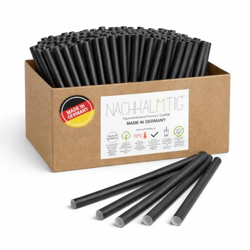 NACHHALMTIG Papier Strohhalme Schwarz – Ø 8mm – Made in Germany, hitzebeständig 70°, ideal für Aperol, Cocktails, Latte Macchiato & mehr (145 mm, 500, stück)