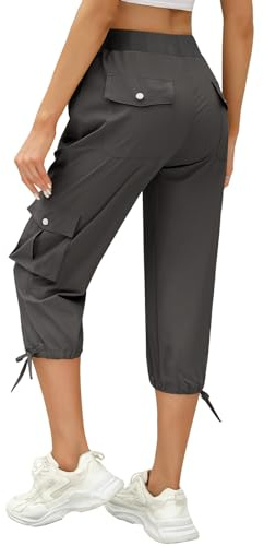 heekpek Women Cropped Trousers 3/4 Length Cargo Trousers Casual Capri Pants Outdoor Trousers Summer Sweatpants Ladies Joggers with 6 Pockets for Hiking Workout Camping Walking, Dark Gray, XL