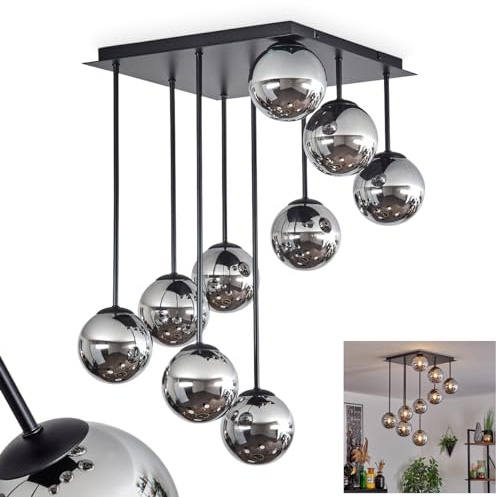 HOFSTEIN Deckenleuchte Chehalis, Deckenlampe aus Metall/Glas in Schwarz/Chromfarben/Rauchfarben, Leuchte im modernen Retro/Vintage-Design mit Schirmen aus Glas (Ø 12 cm), 9 x G9, ohne Leuchtmittel