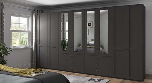 WIEMANN Drehtürenschrank mit 6 Schubkästen, mit 4 Spiegeltüren mittig, Landhausstil Kleiderschrank 400cm breit, Graphit, Höhe 216cm, Marlow