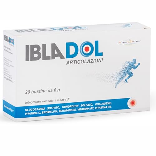 Articolazioni e Cartilagine Integratore Con Collagene Idrolizzato Tipo 2 Bromelina Controitina Glucosammina Per Ossa e Flessibilità Articolare Vitamina C, B2, 20 Buste Ibladol Global Pharma