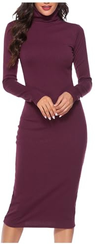 WAZHAKU Vestido de jersey de punto para mujer, cuello alto, elegante, para invierno, suéter largo, suéter cálido, sudadera de lana, vestido de invierno, vestido envolvente, camiseta de manga larga,
