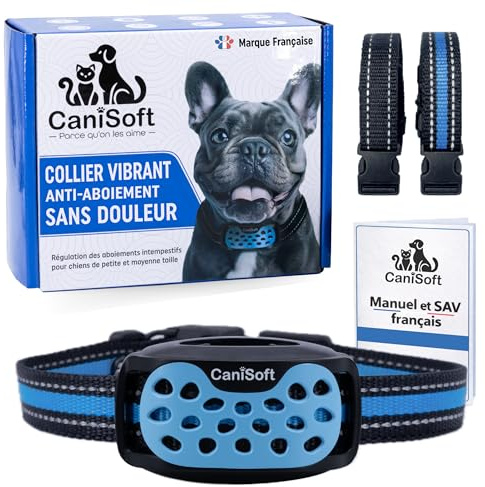 Collier Anti Aboiement Chien Vibrant CANISOFT – sans Choc, sans Douleur – Chiens 3-45 Kg, Dès 6 Mois – Rechargeable USB, Étanche IP67 – 2 Modes, 5 sensibilités – 2 Sangles (Noire/Bleue)