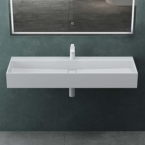 Mai & Mai Waschbecken 120x40x14cm aus Mineralguss in Weiß Matt | Aufsatzwaschbecken Hängewaschbecken Waschplatz mit Armaturloch inkl. Ablaufabdeckung Colossum6028