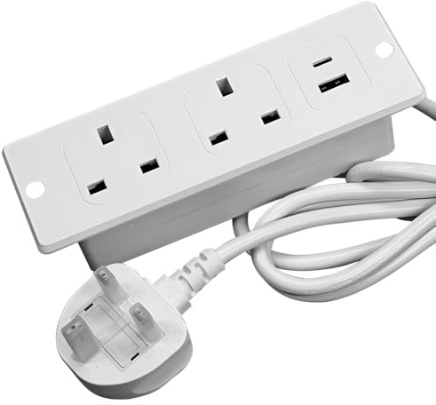 KBIBCK Desk Power Socket, Recessed Power Strip with USB C PD20W & USB A, Desk Power Strip with 2 Outlets 2M/6.6FT Extension Lead, HiddenDesk Power Socket for Home Office Kitchen Workbench(White)