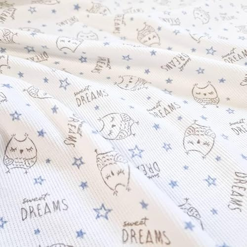 PAWOTEX Ripp jersey Rippjersey Stoff Meterware Rib Jersey Bedruckt Eule Ribstrick Elastische Gerippter Jerseystoff Ökotex baumwollstoff für Bekleidung Kinder, Mädchen Tops Mützen Schals 100x50cm 240g