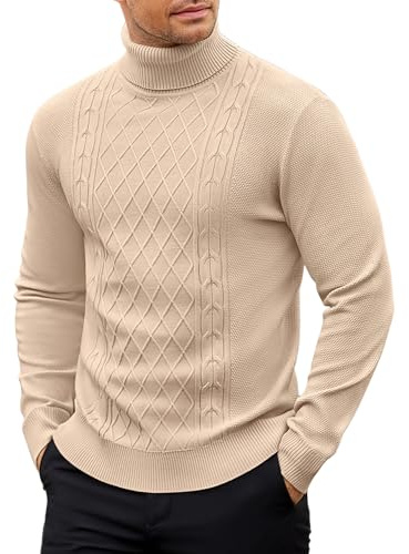 COOFANDY Pullover für Herren Rollkragenpullover Winterpullover mit Kragen Pullover Dünn Sweater Turtleneck Strickpullover Grobstrickpullover Beige L