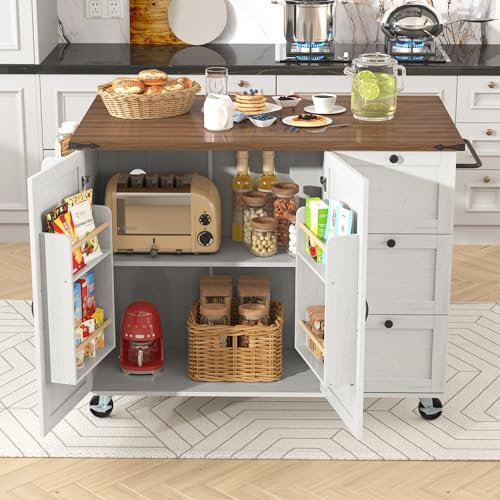 Crlnaup Isla de cocina, carro de servir con encimera extensible, armario de cocina, carrito de cocina, carrito de comedor con vetas de madera, carro comedor con dos puertas y tres cajones