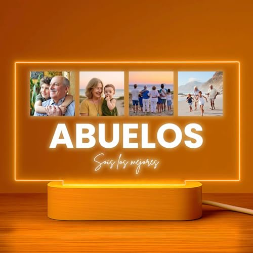 Cristal Plaque Lámpara Personalizada Abuelos con 4 Fotos y Mensaje | Placa de Metacrilato con Luz LED y Base de Madera | Regalo para Abuelo y Abuela, Cumpleaños o Navidad