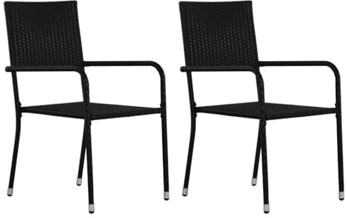 QZZCED Garten-Essstühle 2 STK. Stapelbar Schwarz Poly Rattan Outdoor-Stühle Terrassenstühle für Rasenflächen