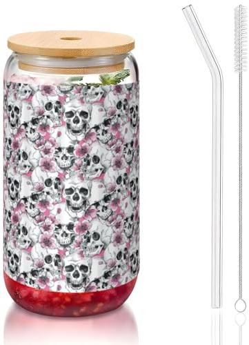 YBGHDAA 1 verre avec couvercle et paille Motif tête de mort florale 473 ml Idéal pour le whisky, la bière, le thé