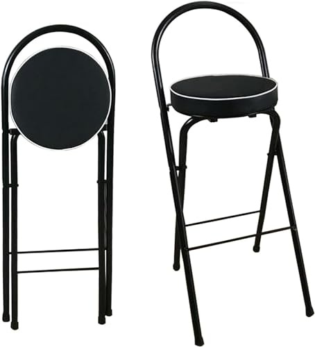 Sgabello da bar pieghevole con supporto per lo schienale regolabile 66-76,2 cm, seduta imbottita rotonda e poggiapiedi, per cucina, ufficio, feste, colore nero, 65 cm