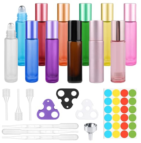 BellaHealth 12 stycken 10 ml Roll On glasflaskor för eteriska oljor, rulle på flaska tom med rostfri boll, öppnare, droppare och tratt, färgglad för parfym, massage, aromaterapi (10 ml)