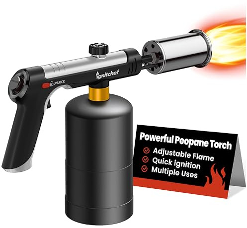 IgnitChef Propane Torch Gun with One-Touch Max Fire, Kitchen Blow Torch with a Safety Lock for Sous Vide Searing Steak, Grill, Charcoal Starter, Campfire (Propane Tank Not Included)