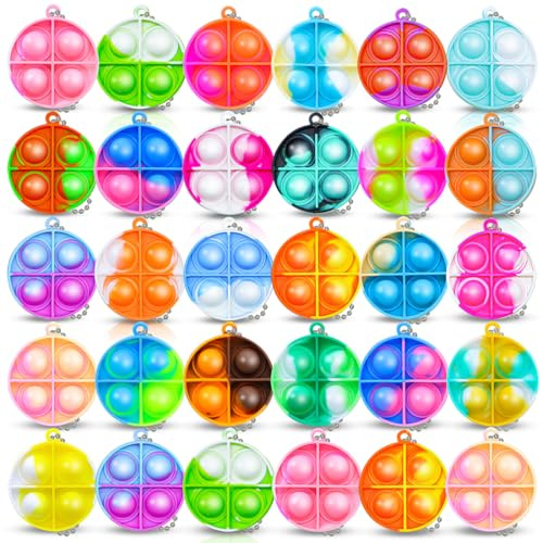 COYUN 30 Stück Pop Push It Fidget Toy, Mini Silikon Schlüsselbund Toys, Anti Stress Sensorik Pop Figetttoys Spielzeug mit Schlüsselanhänger,Autismus for ADHS Squeeze Toys(Rund)