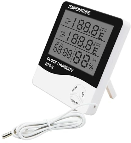 Termómetro higrómetro digital for interiores y exteriores -2, con pantalla de temperatura y humedad, reloj y sonda for estación meteorológica. Pronóstico del tiempo(HTC-2)