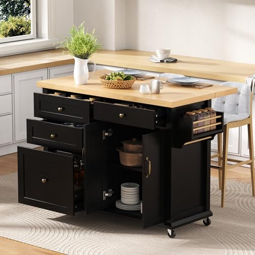 Kebnor Isola da cucina mobile con ruote e tavolo da pranzo estraibile, carrello da cucina con cassetti multifunzionali, ideale per cucina e sala da pranzo (nero)