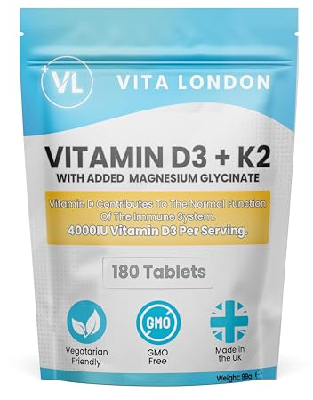 Vitamin D3 4000 iu & Vitamin K2 MK7 100μg Tablets | with Added Magnesium Glycinate | High Strength VIT D Supplement | 180 Tablets (Not Capsules or Gummies) for Men & Women