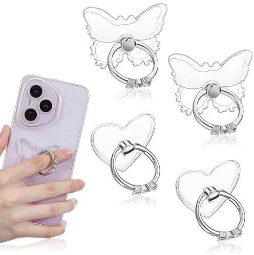Matwsec 4 Pcs Transparent Cell Phone Ring Holder grip Cute Heart-Shaped & Butterfly Cell Phone Kickstand with Diamonds, 360° Rotation Finger Ring Stand Compatible with Most Smartphones Tablets Case