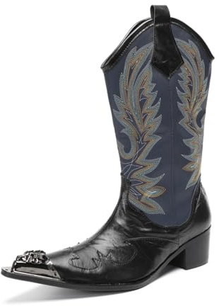 Yhsdfcn med Klassiskt Broderi Western Cowboy-boots i Äkta Läder för Herrar, Mellanhöga Stövlar, Traditionella Pull-on Boots utan Dragkedja - Retromode med Metalltå,Black,41 EU