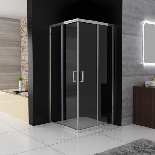 Duschkabine Eckeinstieg 90 x 90 x 185 cm mit Doppel Schiebetüren Duschwand, ESG Klar Sicherheitsglas, Silber Rahmen komplett Dusche Glas Duschabtrennung, ohne Duschtasse